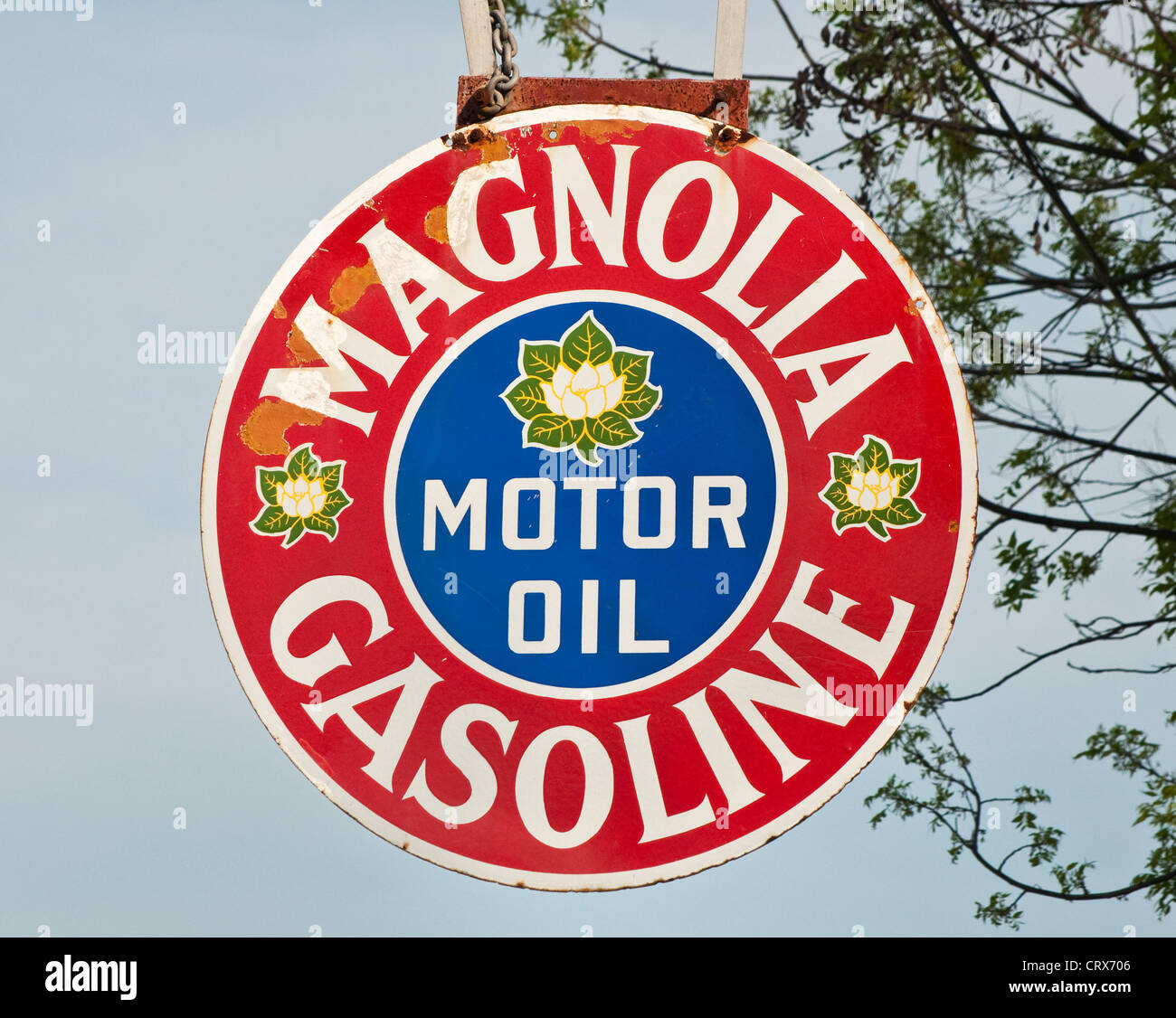 Magnolia Gasoline, sign at historical gas station, Historic Walk in Castroville, Texas, USA Stock Photo