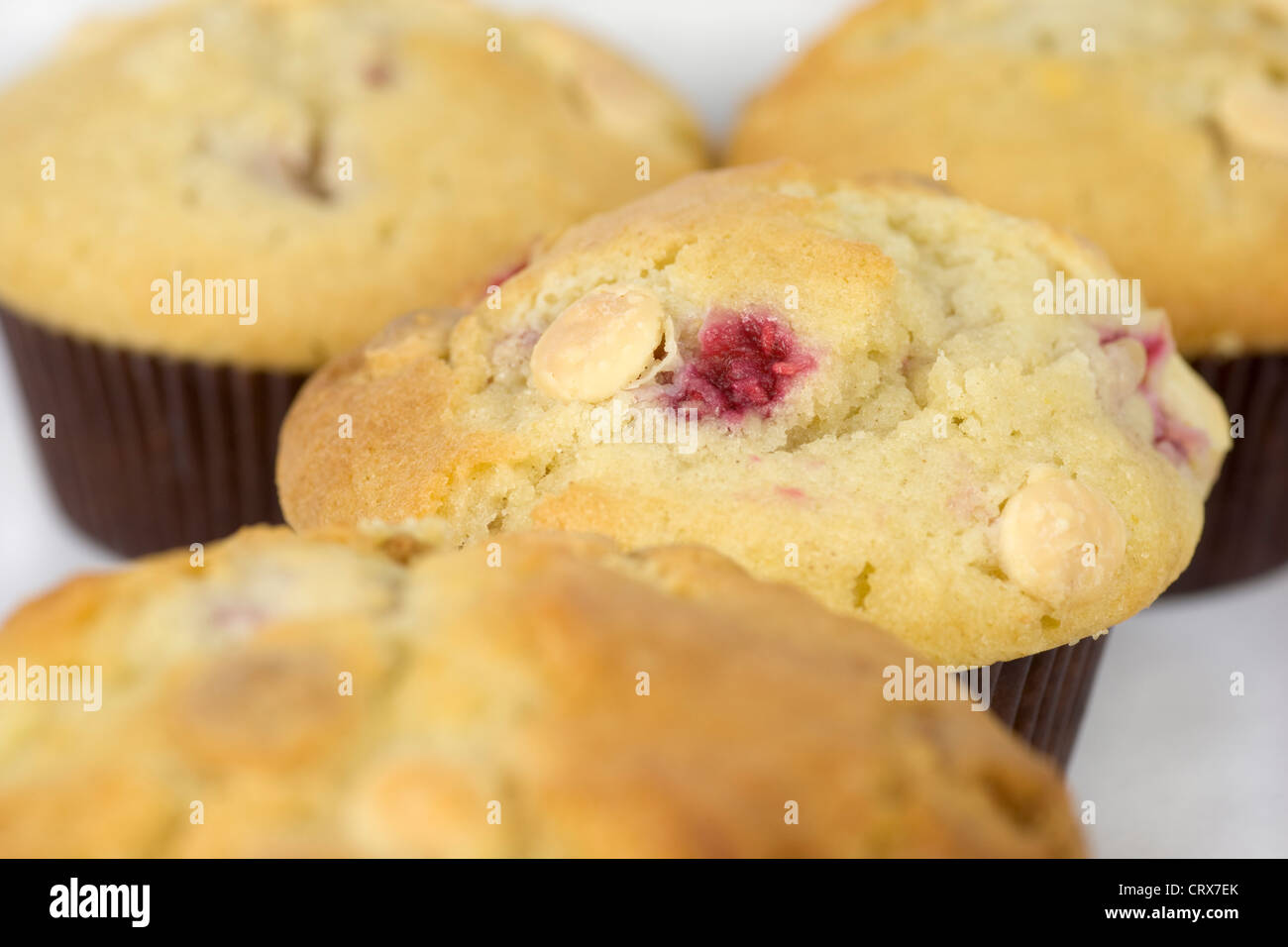 Raspberry and white chocolate muffins Stock Photo