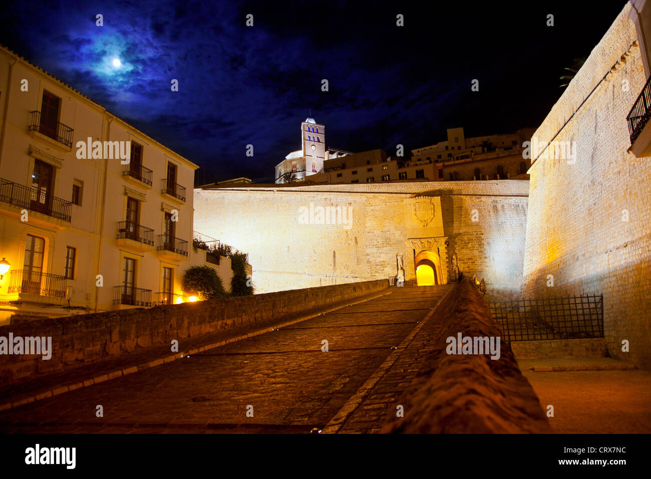 Eivissa Ibiza town with night moon castle entrance and Church Stock Photo