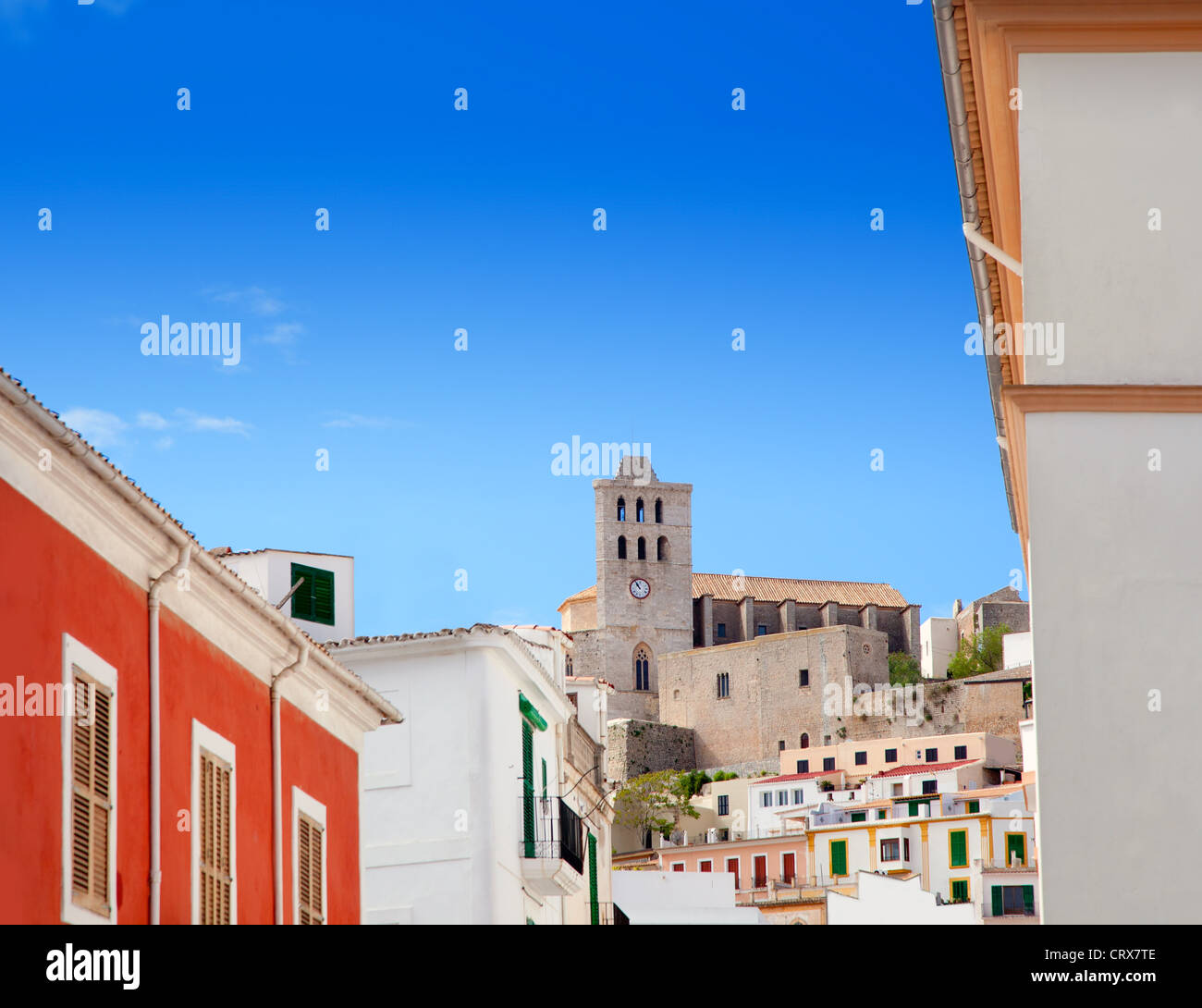 Eivissa Ibiza town with church under summer blue sky Stock Photo