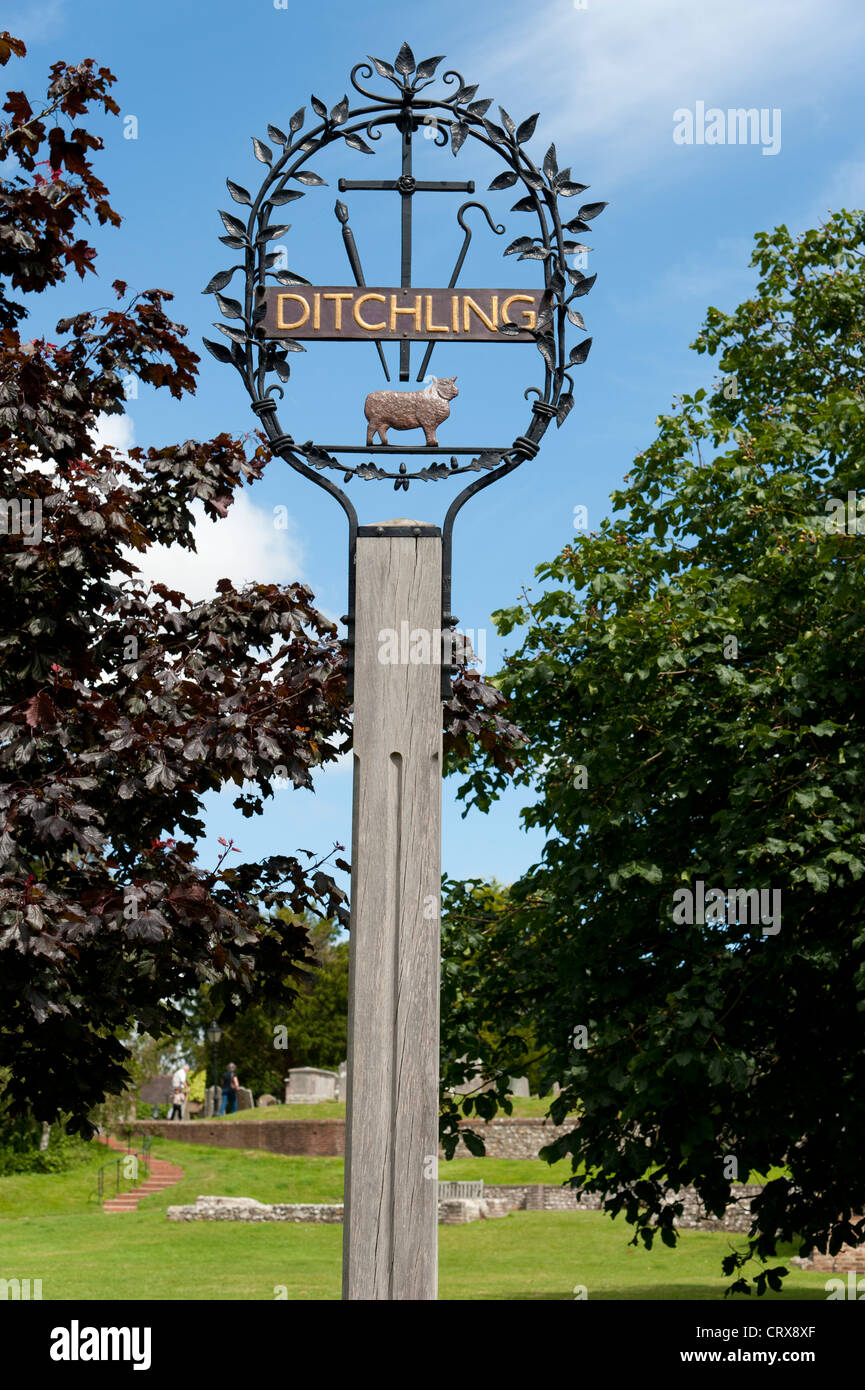 A Charming Village Sign for Ditchling in Ditchling Green, East Sussex, England UK Stock Photo