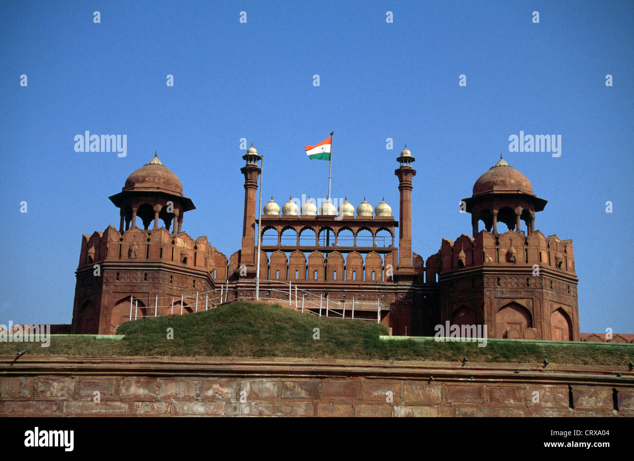 Delhi India Red Fort (Lal Qilah) Indian Flag Flying Lahori Gate Stock Photo