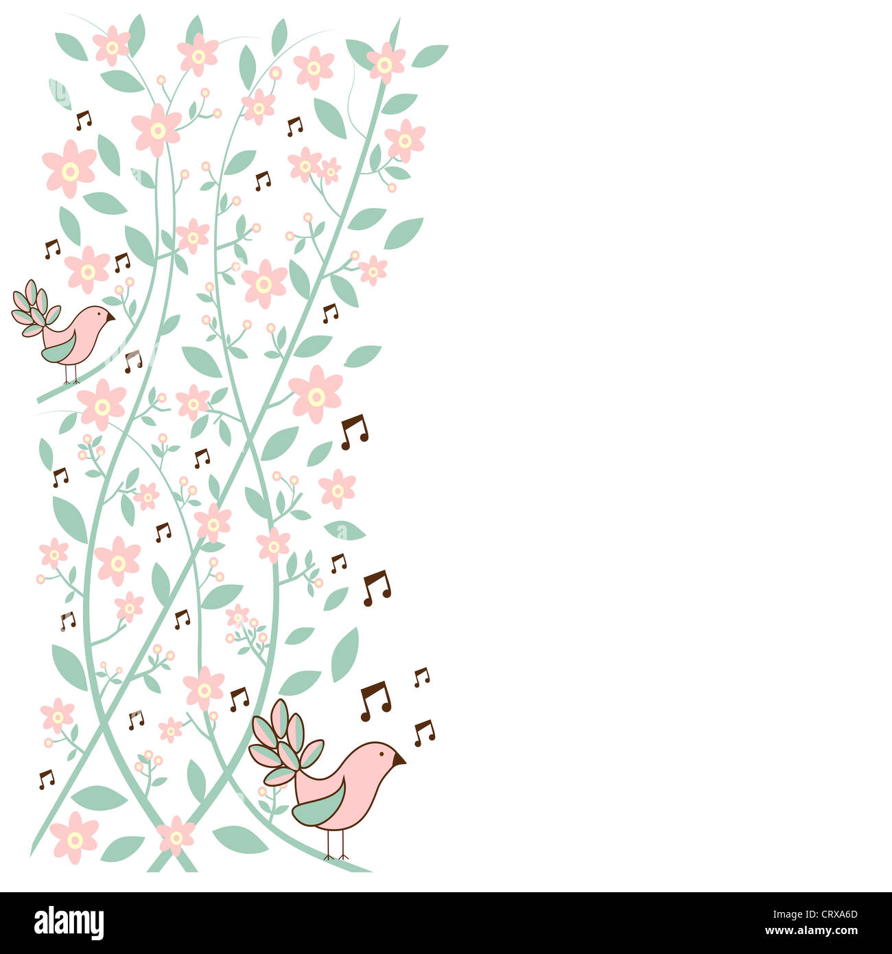 Fresh communication concept: musical birds over floral background. Vector file layered for easy manipulation and custom coloring. Stock Photo