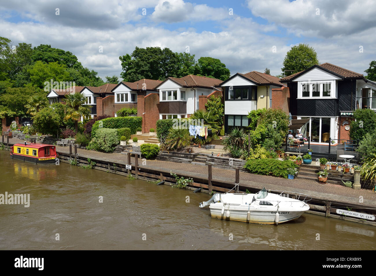 Riverside houses on River Wey, Weybridge, Surrey, England, United Kingdom Stock Photo