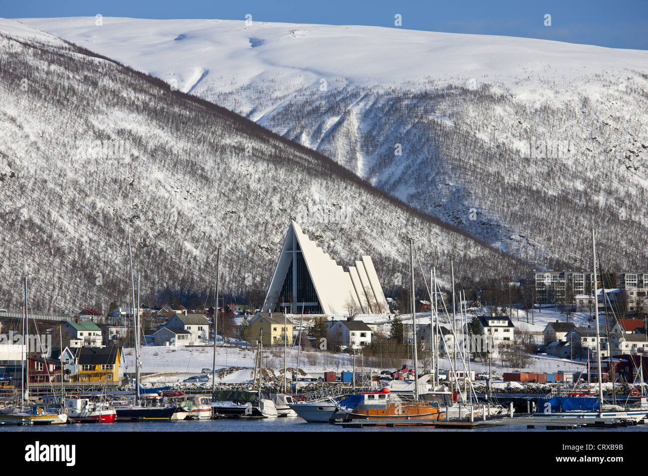 The Arctic Cathedral, Lutheran christian known as Tromsdalen Church, built 1965 architect Jan Inge Hovig at Tromso, Norway Stock Photo