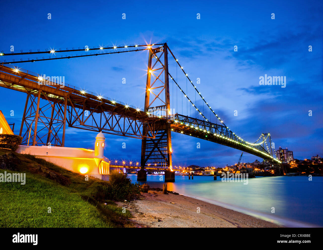 Hercilio Luz Bridge at night in Florianopolis, the capital city of Santa Catarina State in southern Brazil Stock Photo