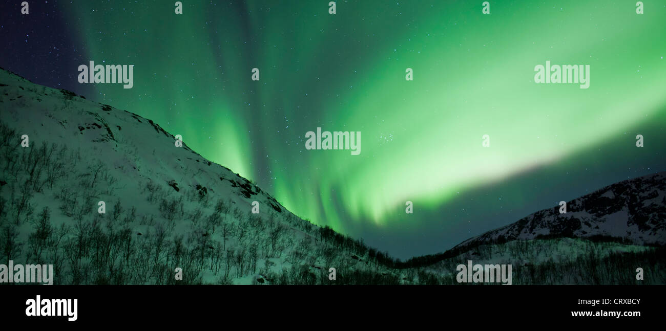 Aurora Borealis The Northern Lights fill the sky at Kvaloya in the Arctic Circle near Tromso, Northern Norway Stock Photo