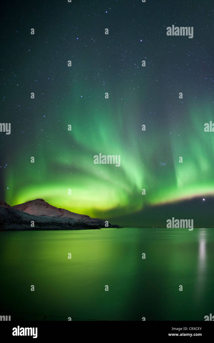 Aurora Borealis The Northern Lights fill the sky at Kvaloya in the Arctic Circle near Tromso, Northern Norway Stock Photo