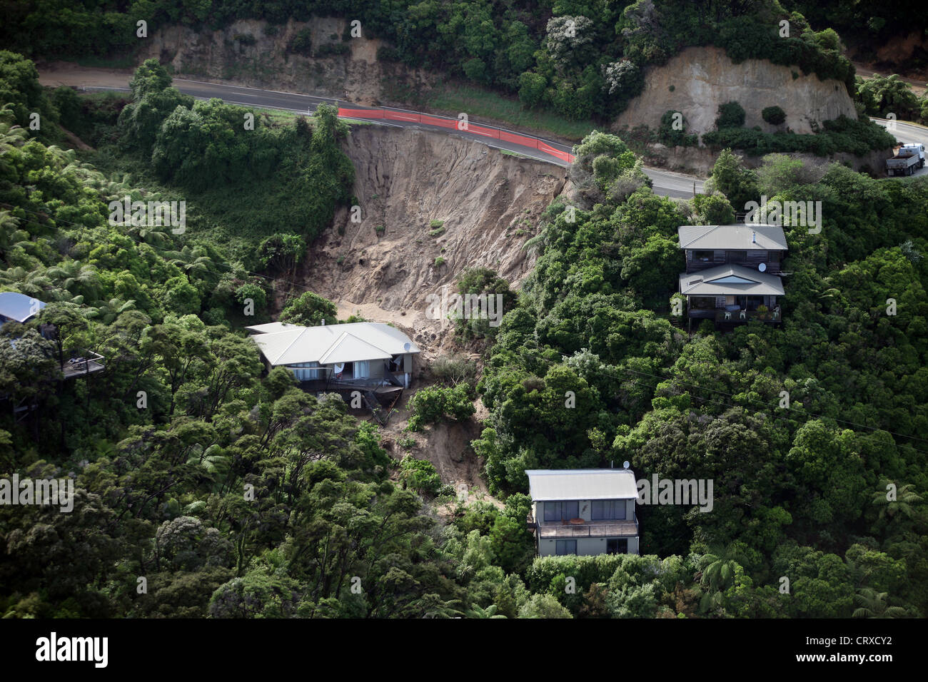 aerial views of damage done by heavy rain causing landslips in Golden Bay, Nelson, New Zealand Stock Photo