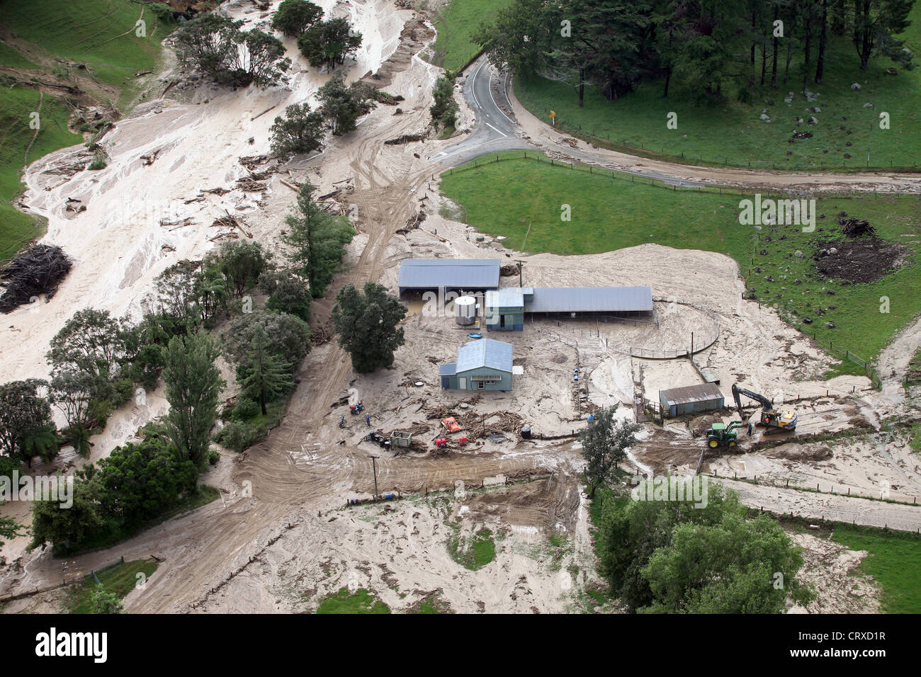 aerial views of damage done by heavy rain causing landslips in Golden Bay, Nelson, New Zealand Stock Photo