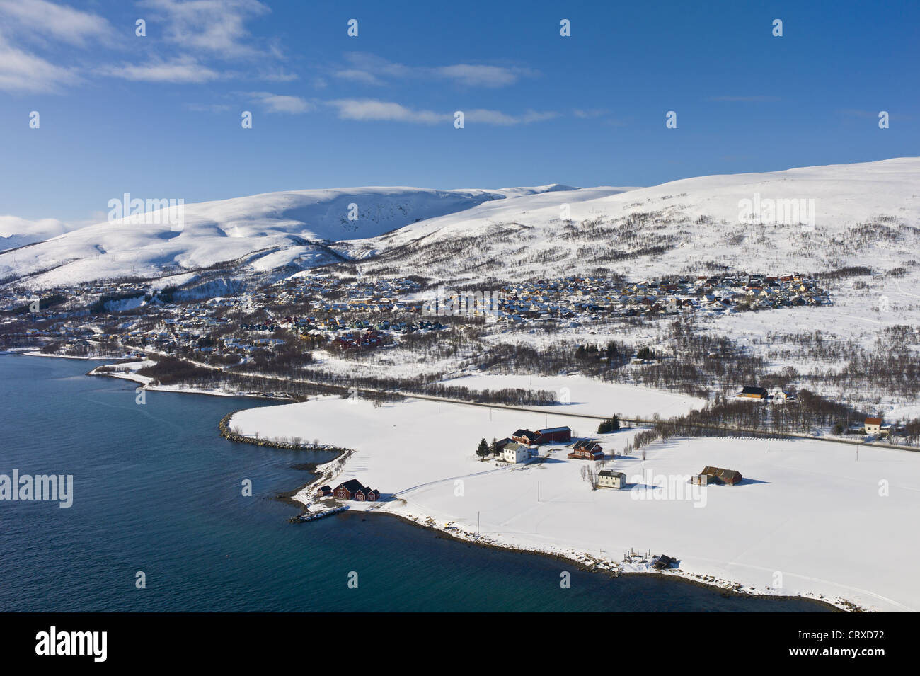 Village settlement on Kvaloya Island in Arctic Circle near Tromso, Northern Norway Stock Photo