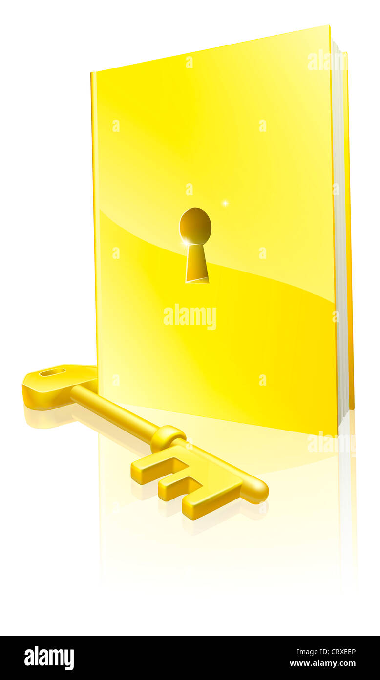 A golden locked book with a key. Education concept. Stock Photo