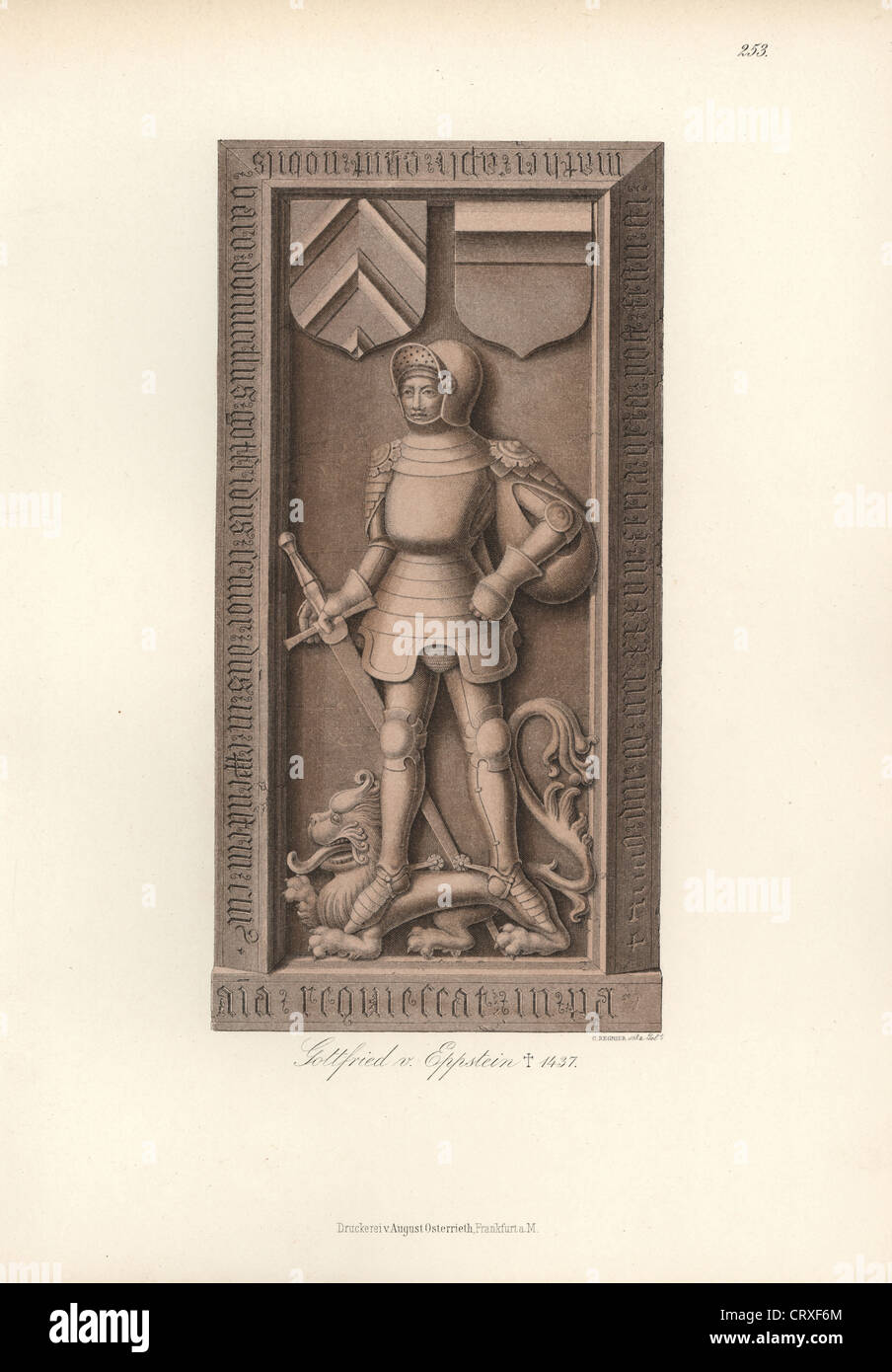 Knight in armour from the 15th century with heraldic shield and helmet. Gravestone of Gottfried von Eppstein, died 1437. Stock Photo