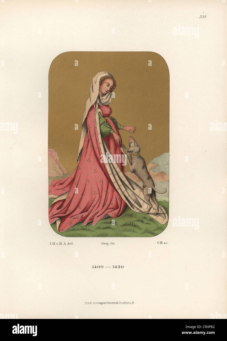 Woman's dress from the early 15th century, from a playing card in the Royal Library in Stuttgart. Stock Photo