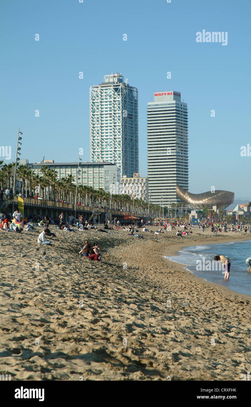 Barceloneta's Beach The Passeig Maritim; The New Olympic Quarter Stock 