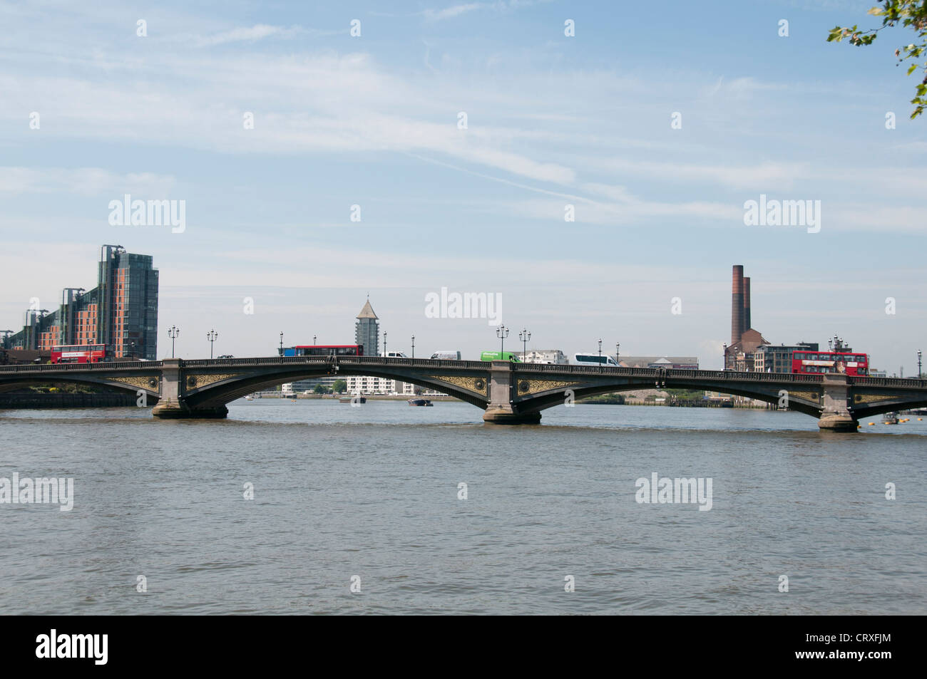 Battersea Bridge,London Buses,Apartment Buildings opposite Chelsea