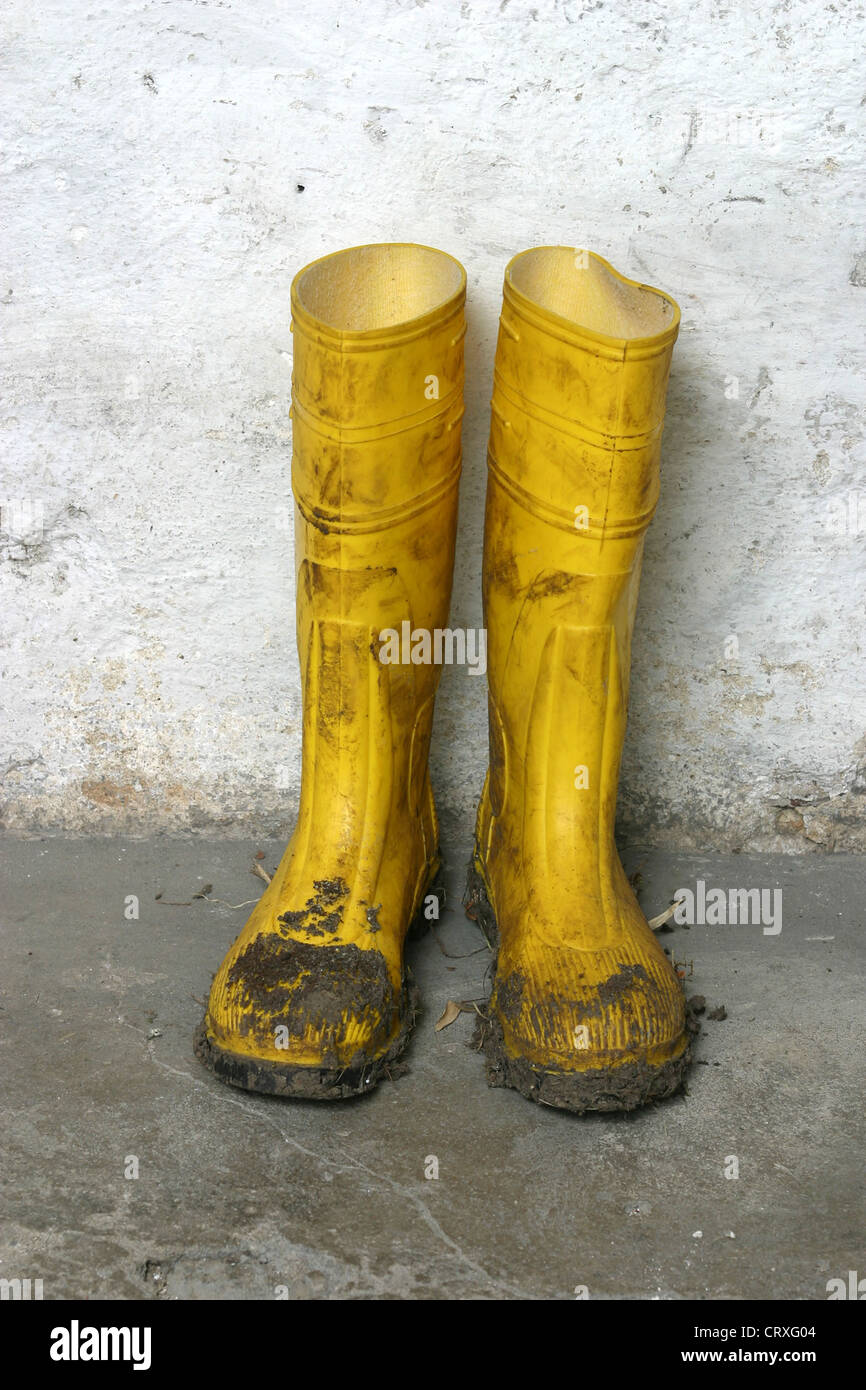 Dirty rubber boots on a basement wall Stock Photo Alamy