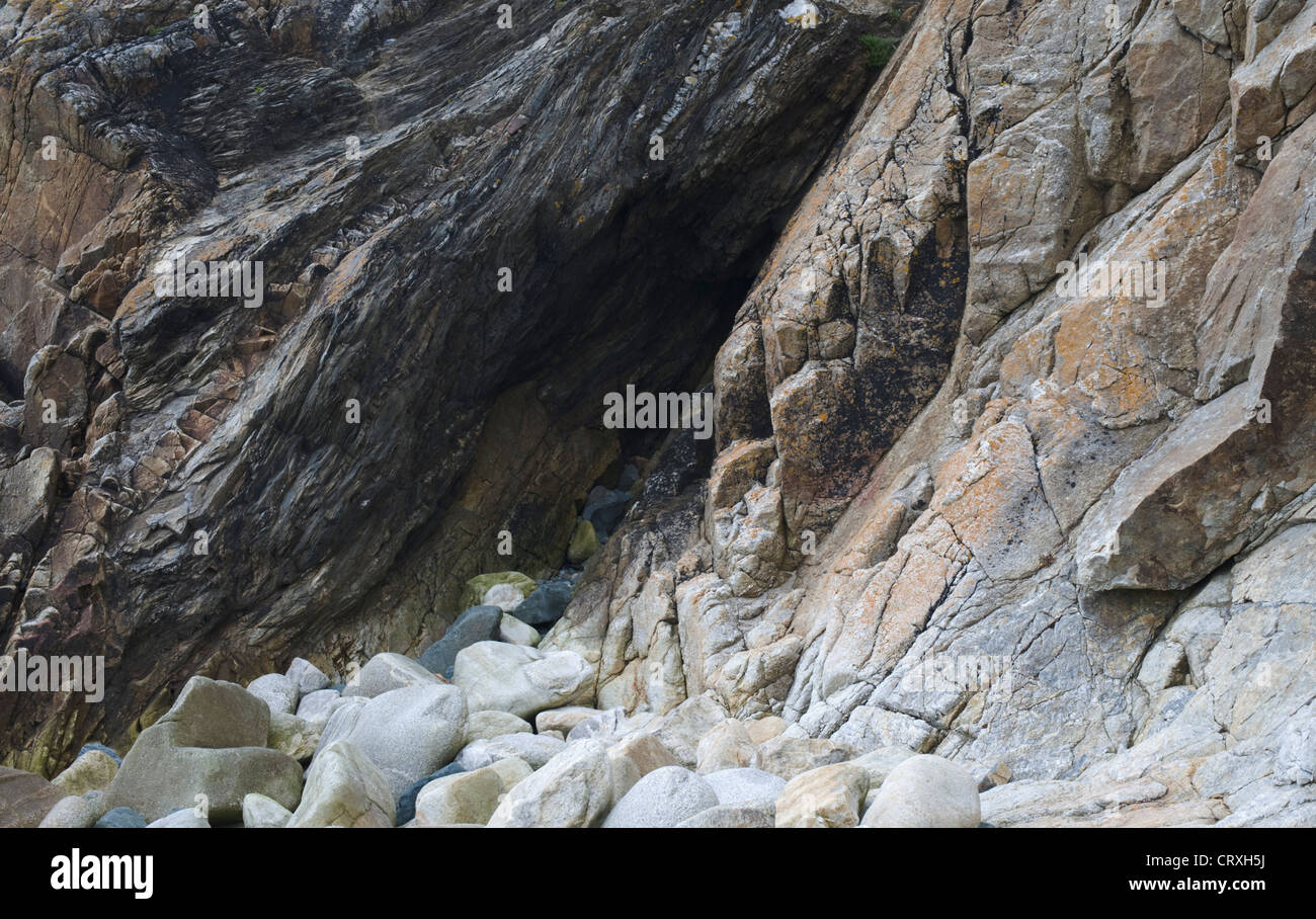 The contact between the Leinster Granite and schist on White Rock Beach, Killiney, Dublin, Ireland Stock Photo