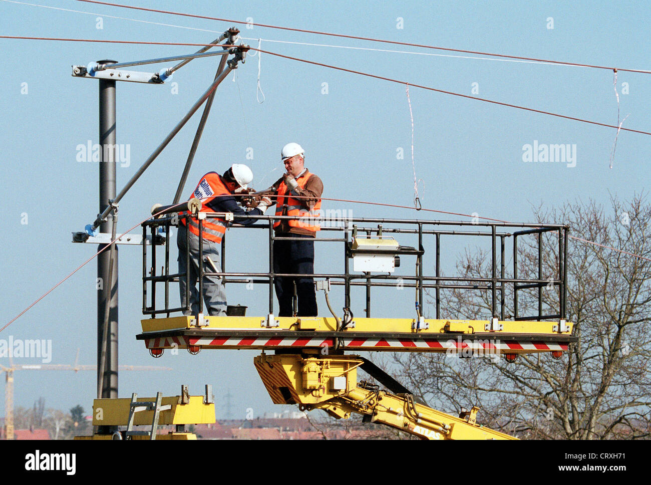 Installation work on the catenary a new tram line Stock Photo