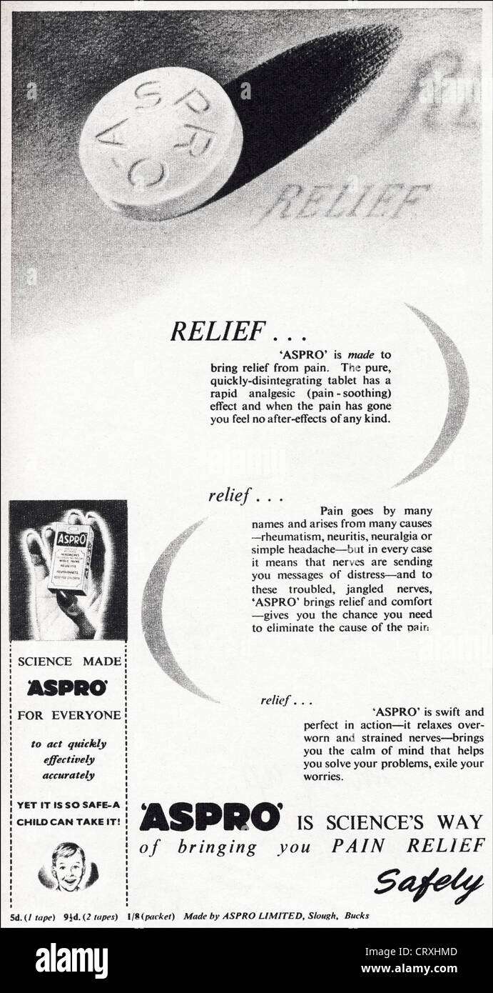 ASPRO pain relief tablets advert. Original 1950s vintage print advertisement from topical