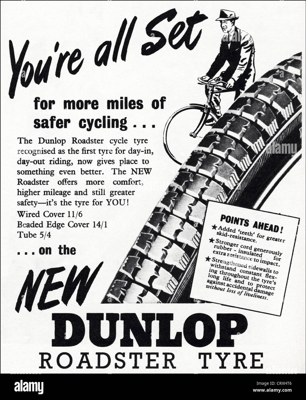 DUNLOP ROADSTER cycle tyre advert. Original 1950s vintage print advertisement from topical English magazine advertising Stock Photo