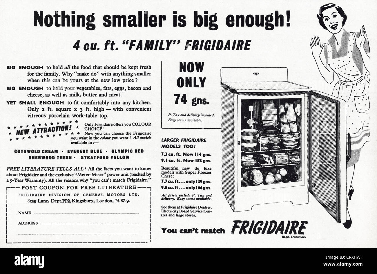 FRIGIDAIRE refrigerator advert. Original 1950s vintage print advertisement from topical English magazine advertising Stock Photo