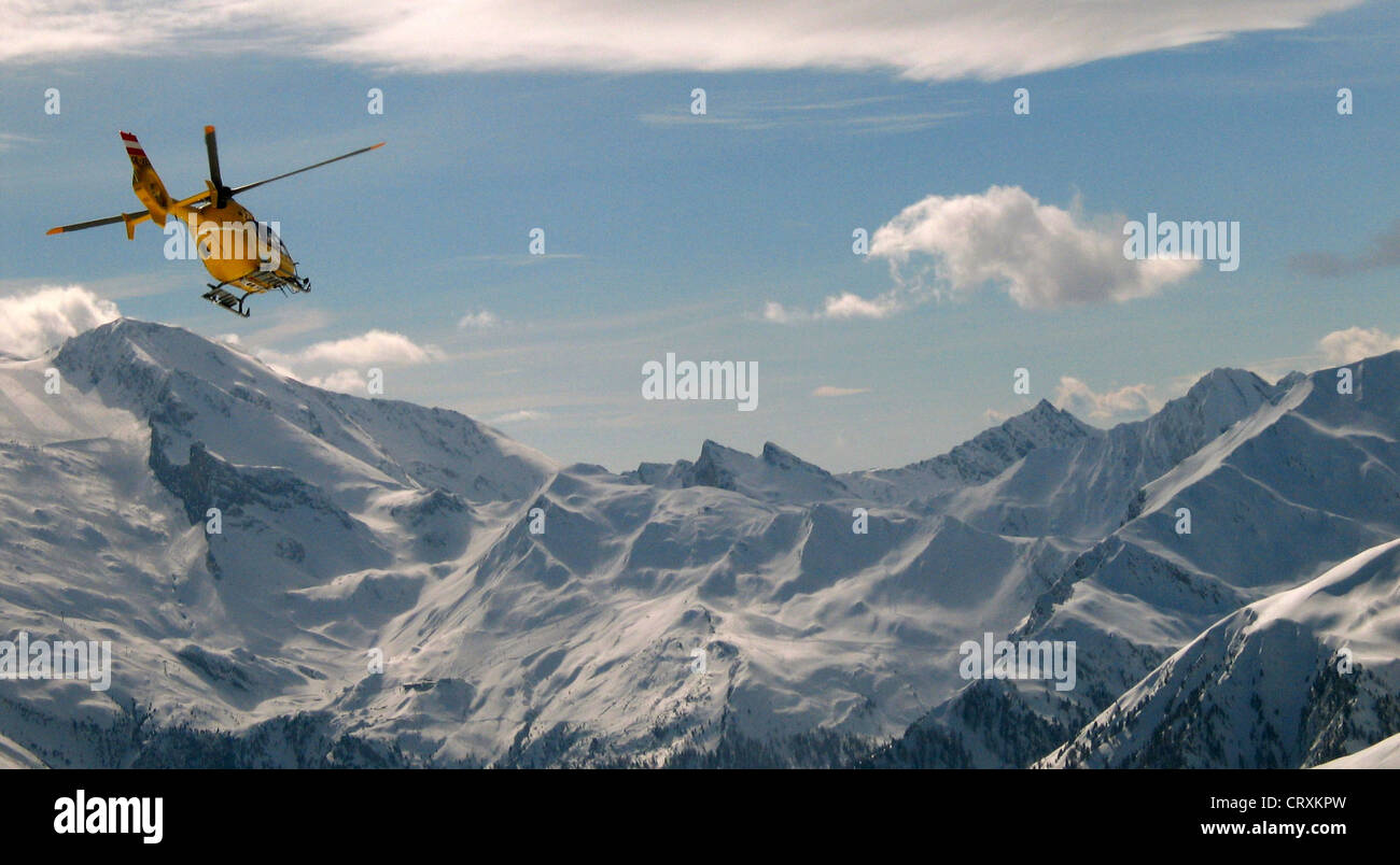 A helicopter of the lifeguard before panorama sample Austrian Alps Stock Photo