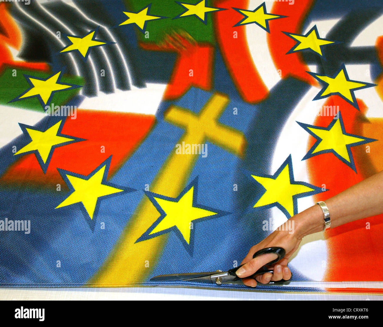 Production of EU flags, fantasy motif on EU enlargement Stock Photo