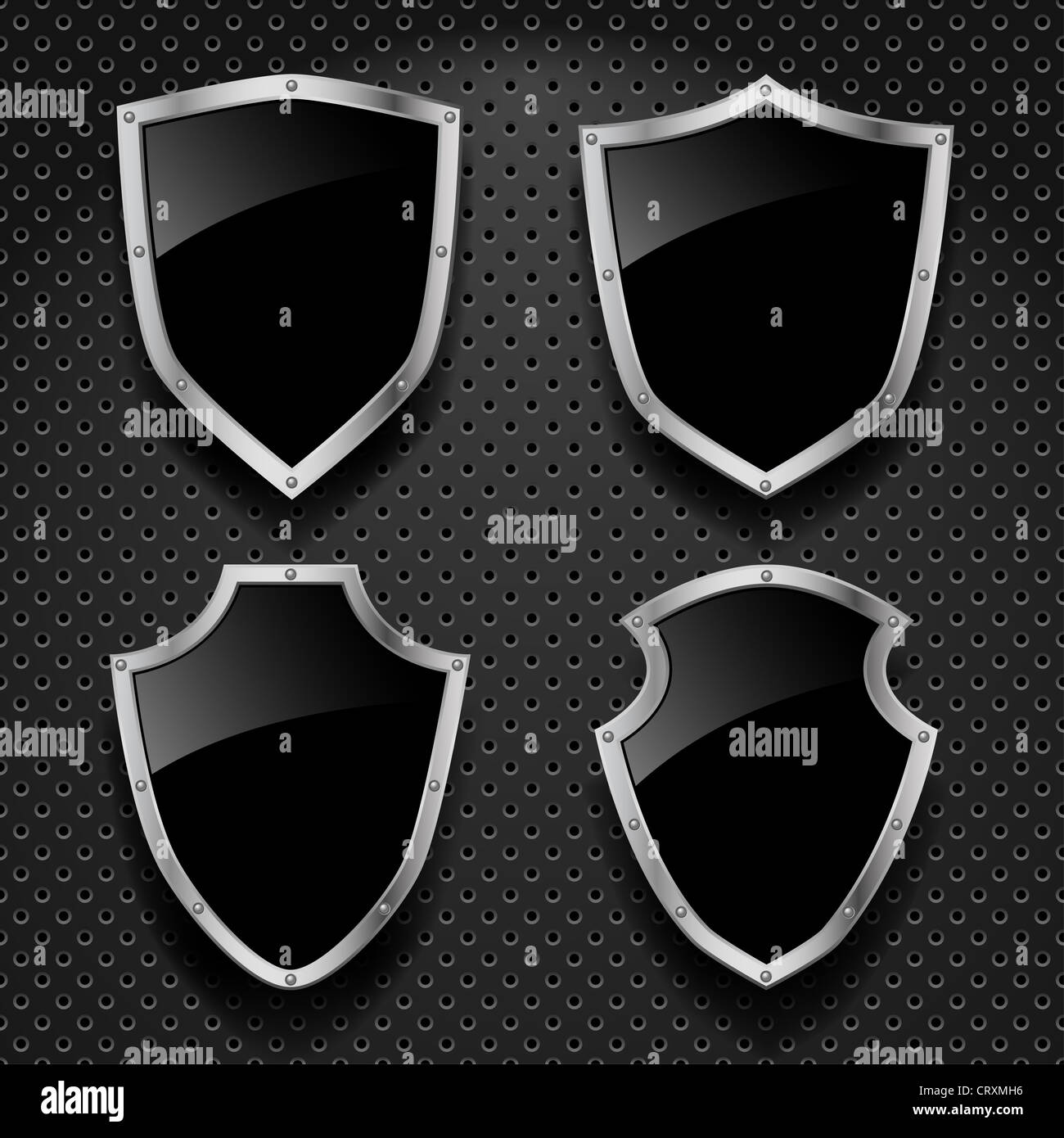 Vector set of black shields on metallic background Stock Photo