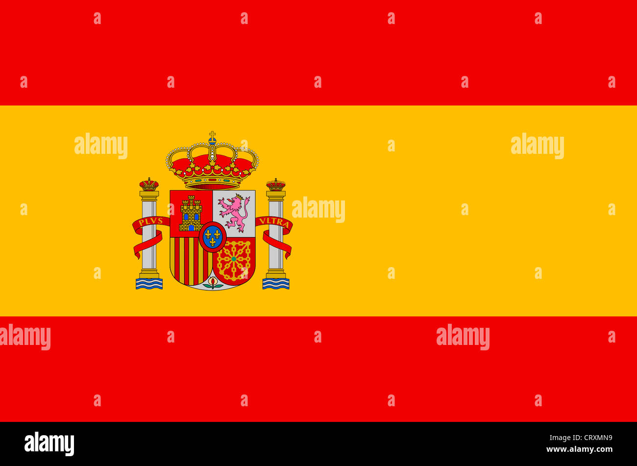 Flag of the Kingdom Spain with national coats of arms. Stock Photo
