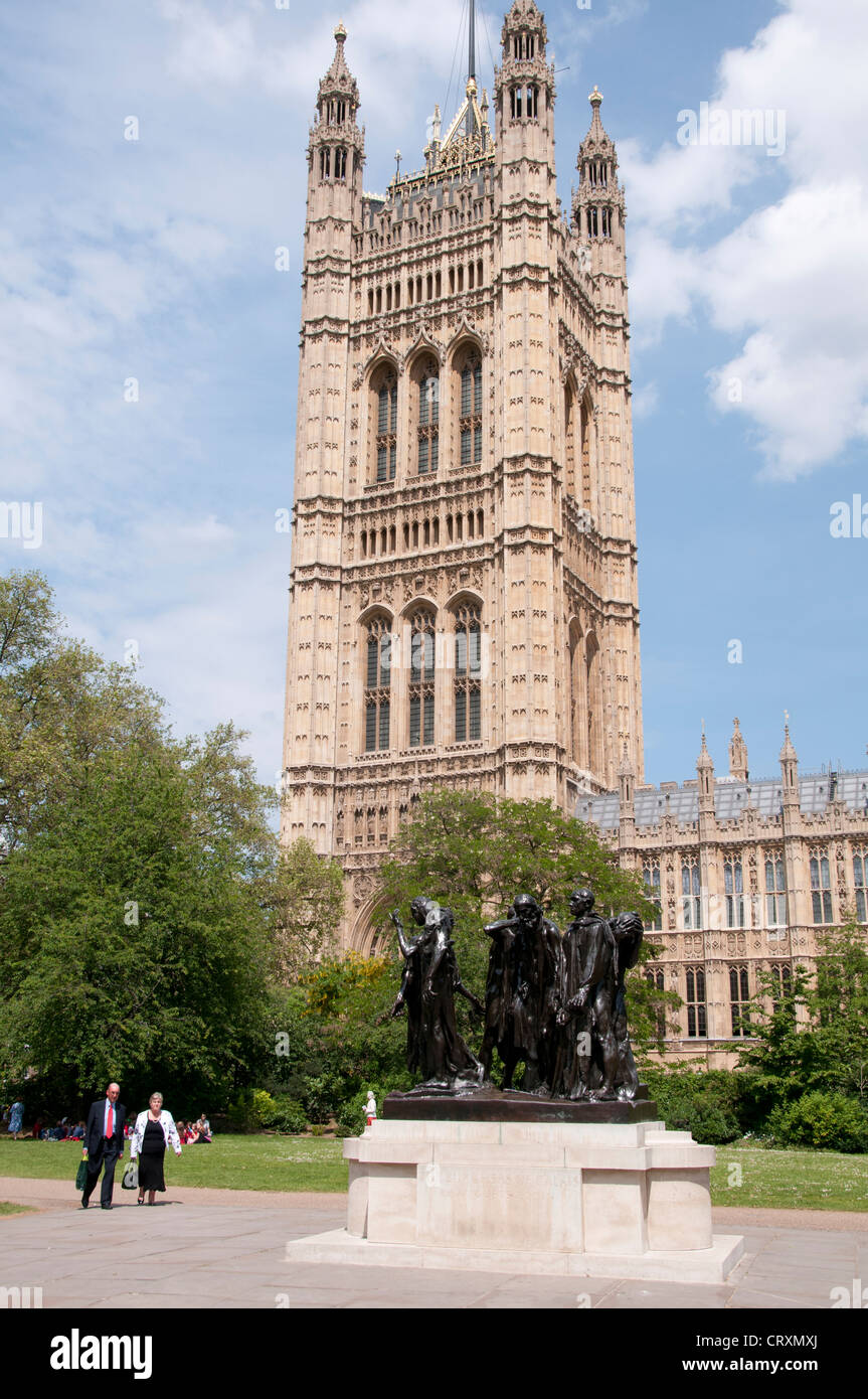 Palace of Westminster,Parliament Building,The Burghers Of Calais By Auguste Rodin Monument in Foreground,London,United Kingdom Stock Photo