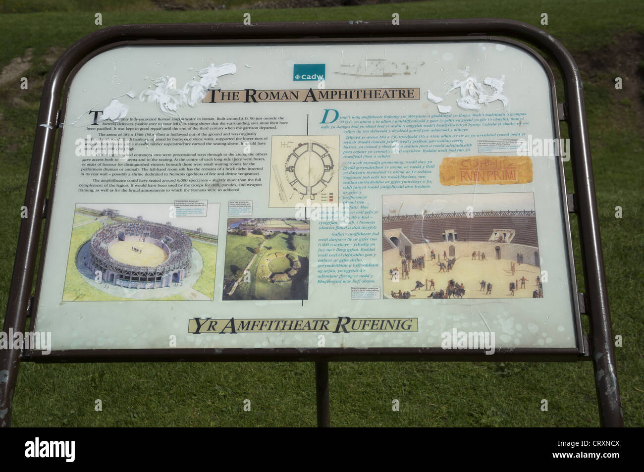 Information panel at Roman Amphitheater, Caerleon, Wales Stock Photo