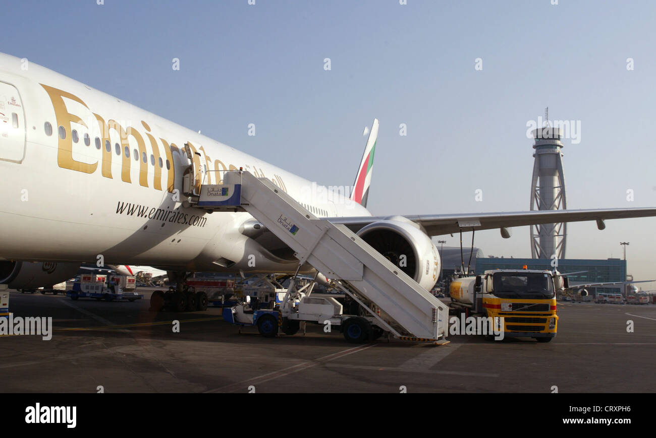 An Emirates Airlines plane before the Dubai airport Stock Photo