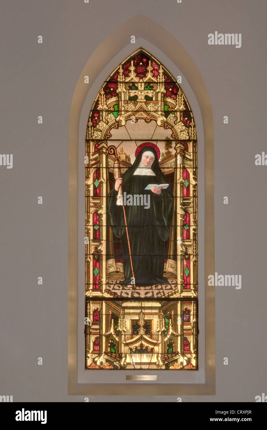 St. Odile (St. Odelia), stained glass window in St. Louis Catholic Church, built 1870, in Castroville, Texas, USA Stock Photo