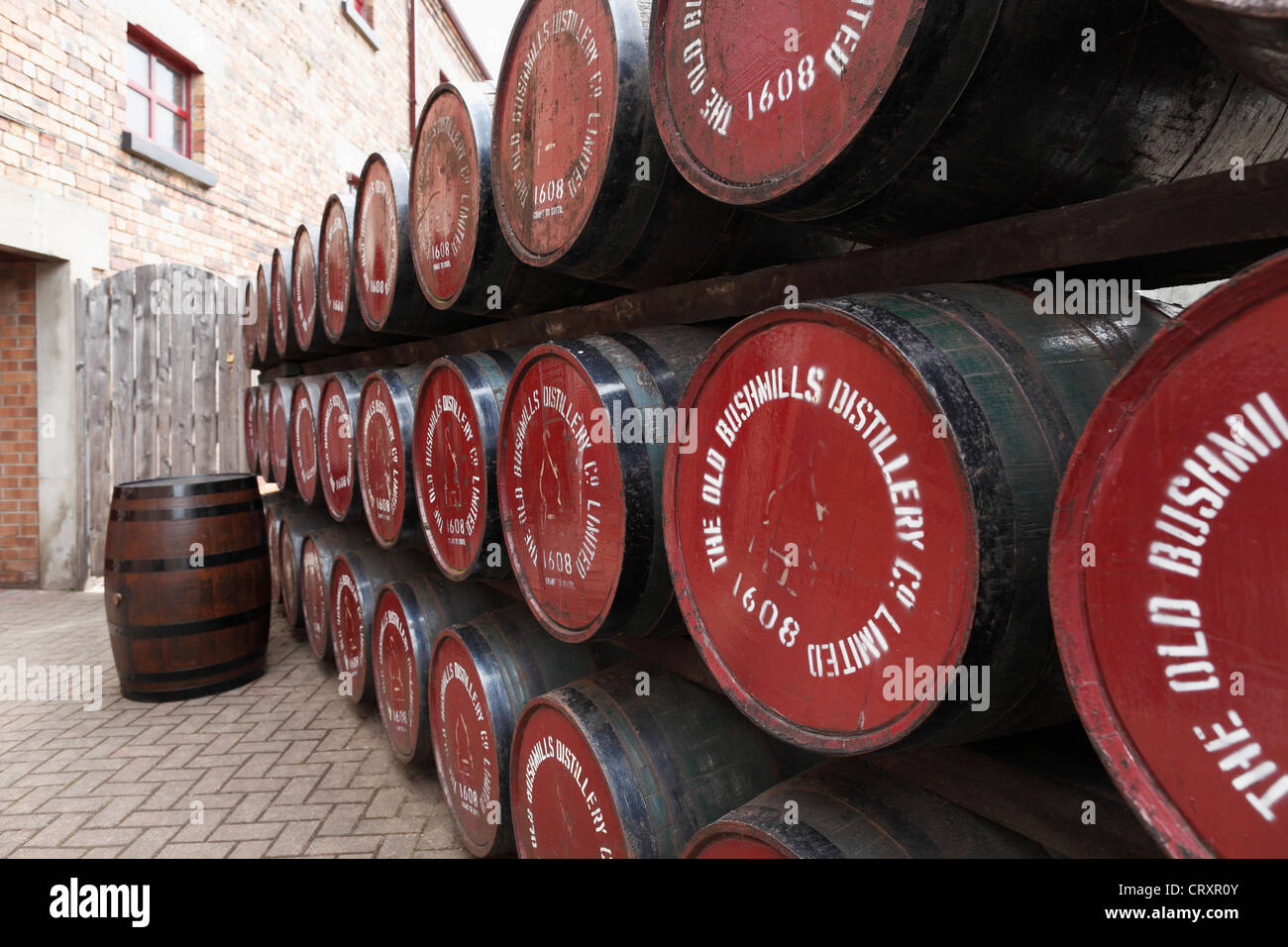 United Kingdom, Northern Ireland, County Antrim, Row of barrels Stock Photo
