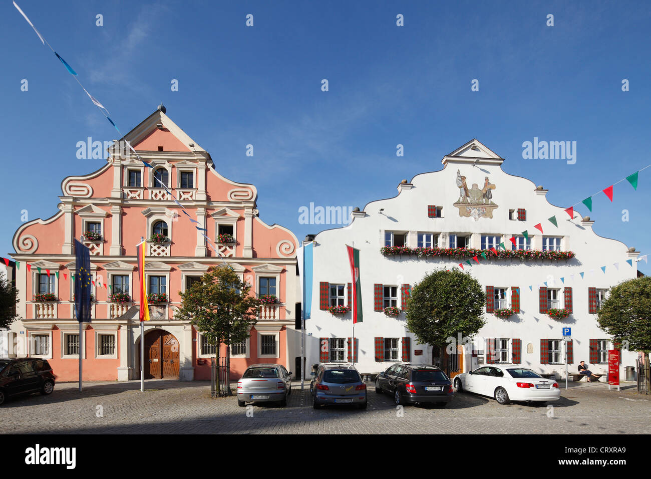 Germany, Bavaria, Lower Bavaria, Kehlheim View of old and new town hall Stock Photo