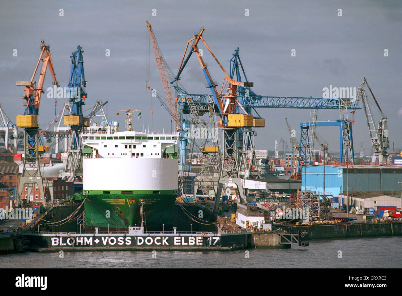 Ship in dry dock of Blohm and Voss Stock Photo