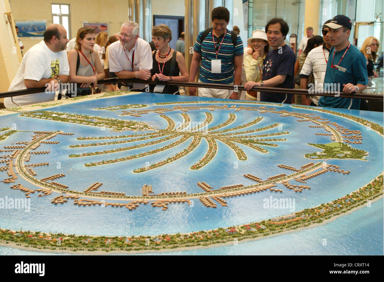 Tourists visit a model of the Palm Jebel Ali, Dubai Stock Photo