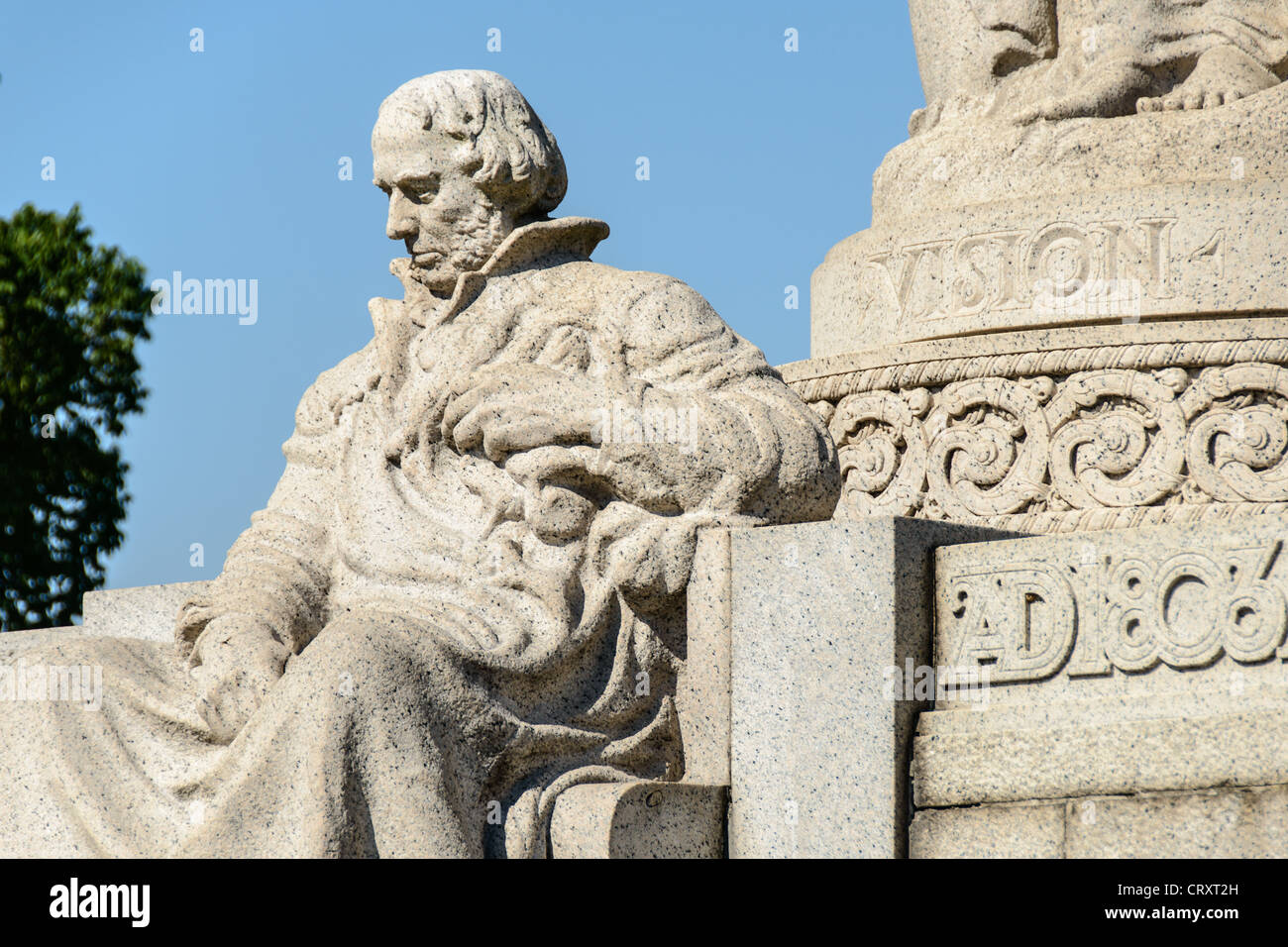 WASHINGTON DC, United States — The John Ericsson Memorial honors the Swedish-American engineer and inventor who designed the USS Monitor during the American Civil War. Located in West Potomac Park near the Lincoln Memorial, this bronze statue by sculptor James Earle Fraser was dedicated in 1926. Ericsson is depicted seated, flanked by allegorical figures representing Adventure, Labor, and Vision. Stock Photo