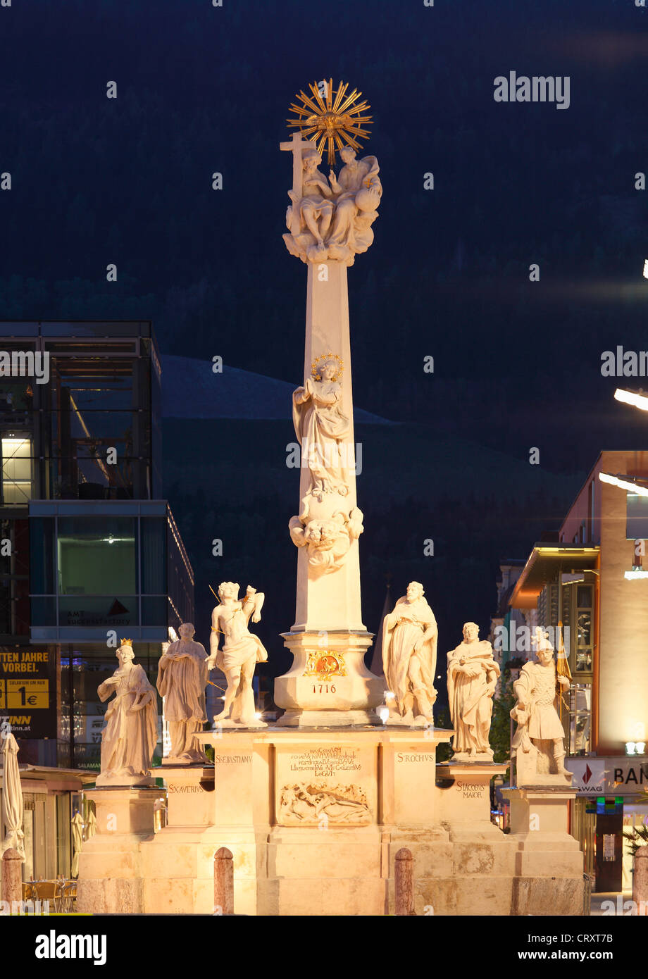 Austria, Styria, Leoben, Trinity column at night Stock Photo