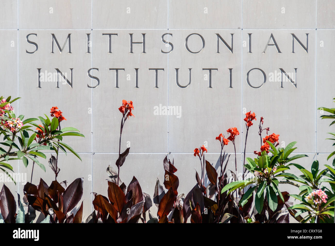 WASHINGTON DC, USA - Smithsonian National Museum of American History Sign and Flowers. The word's 'Smithsonian institution' etched into the granite walls of the Smithsonian National Museum of American History in Washington DC. This sign, on the Mall side of the building, is framed by a small flower garden. Stock Photo