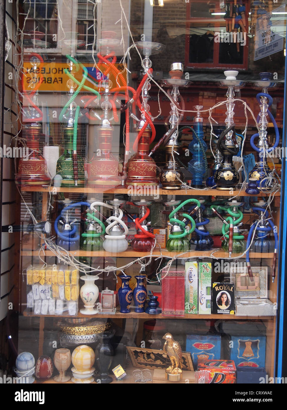 Hookah pipes displayed in store window in Brick Lane, East London