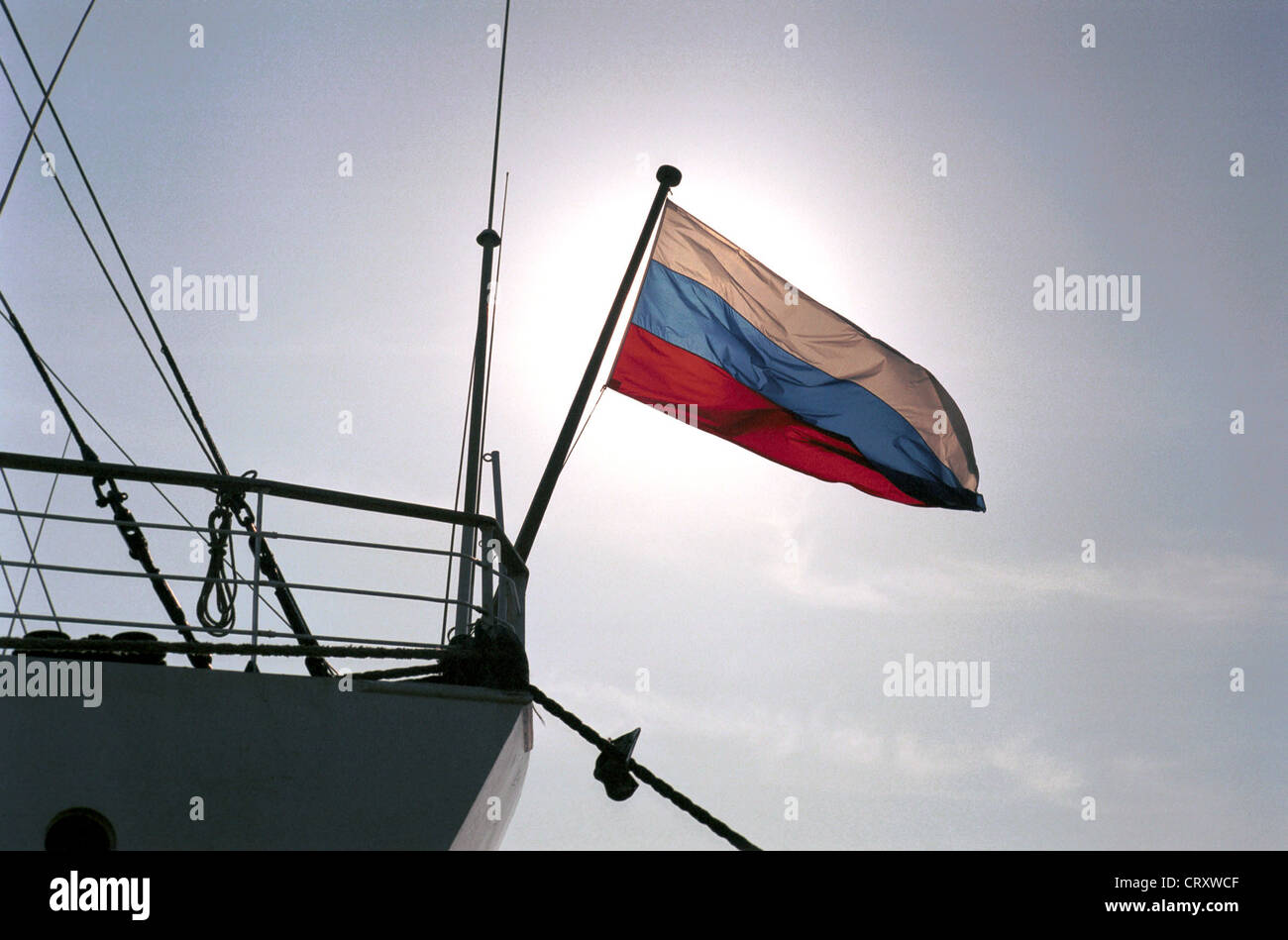 Russian state flag on the stern of a ship on the HANSEBOOT Stock Photo