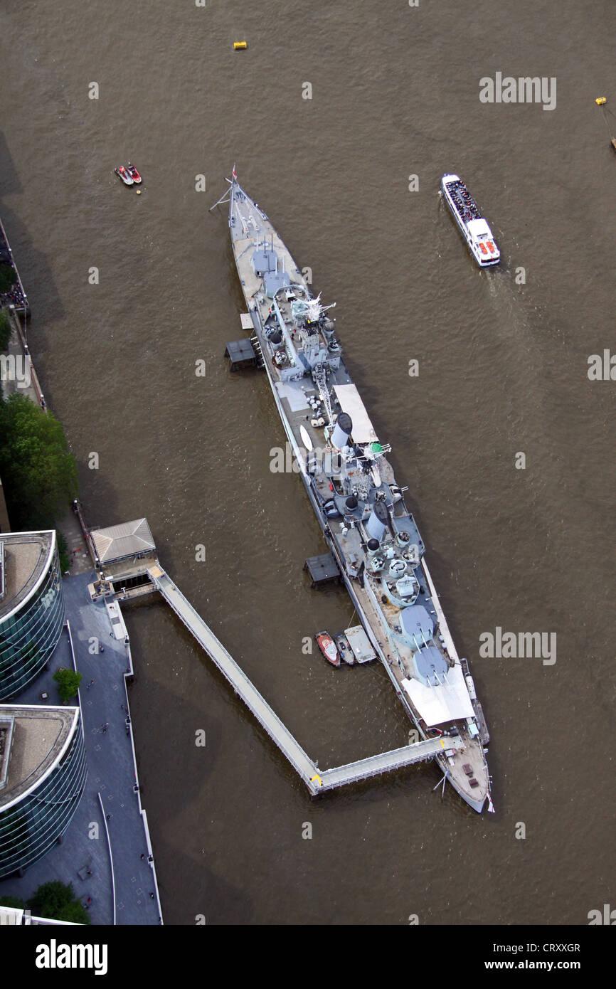 aerial view of HMS Belfast moored on the Thames river Stock Photo