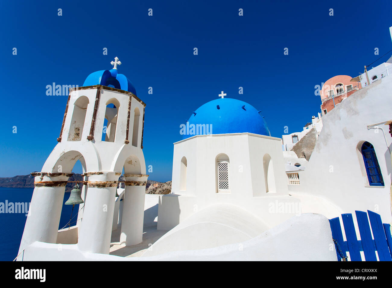 Greece Santorini Oia Blue Dome Orthodox Church Stock Photo