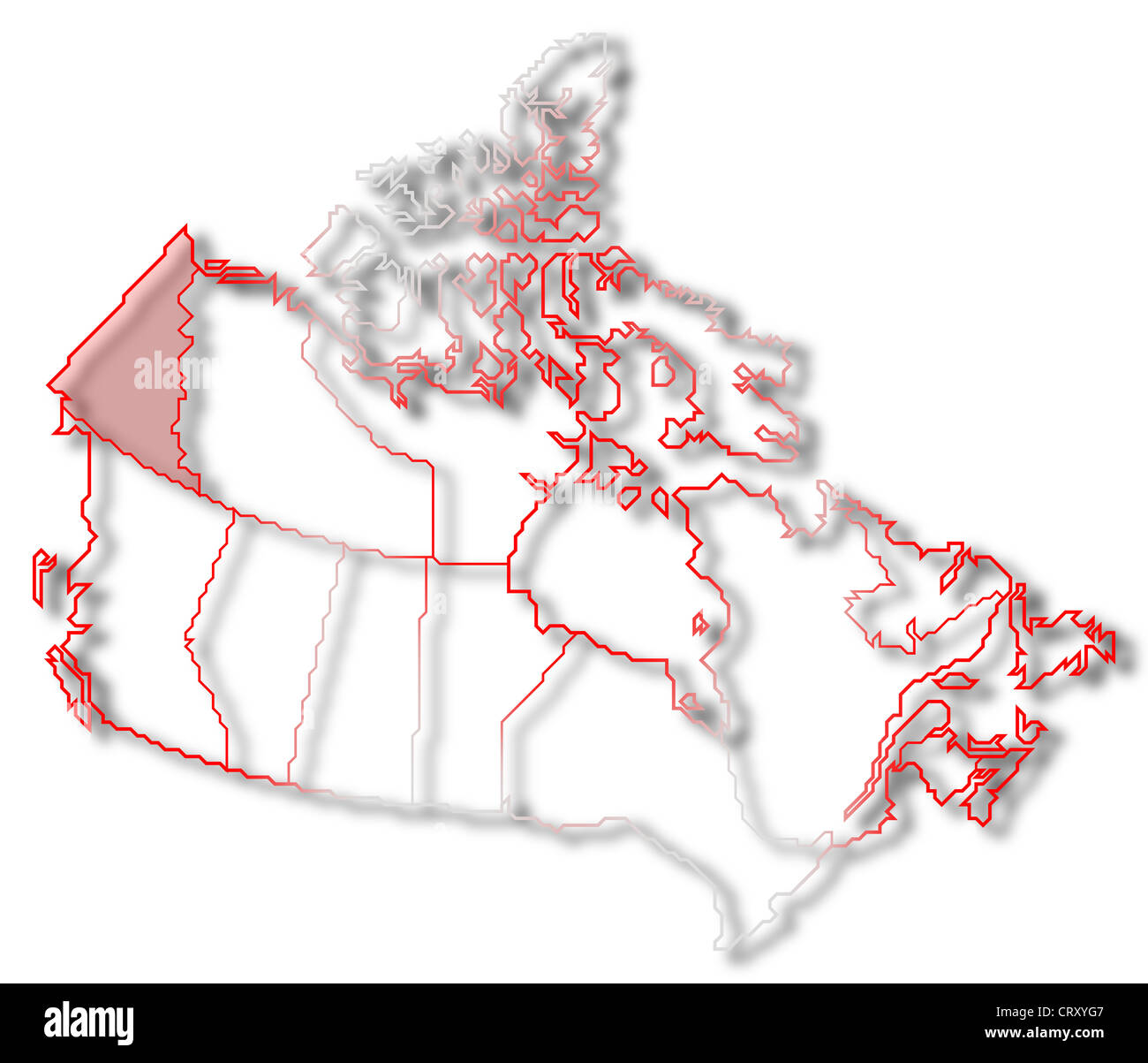 Political map of Canada with the several provinces where Yukon is highlighted. Stock Photo