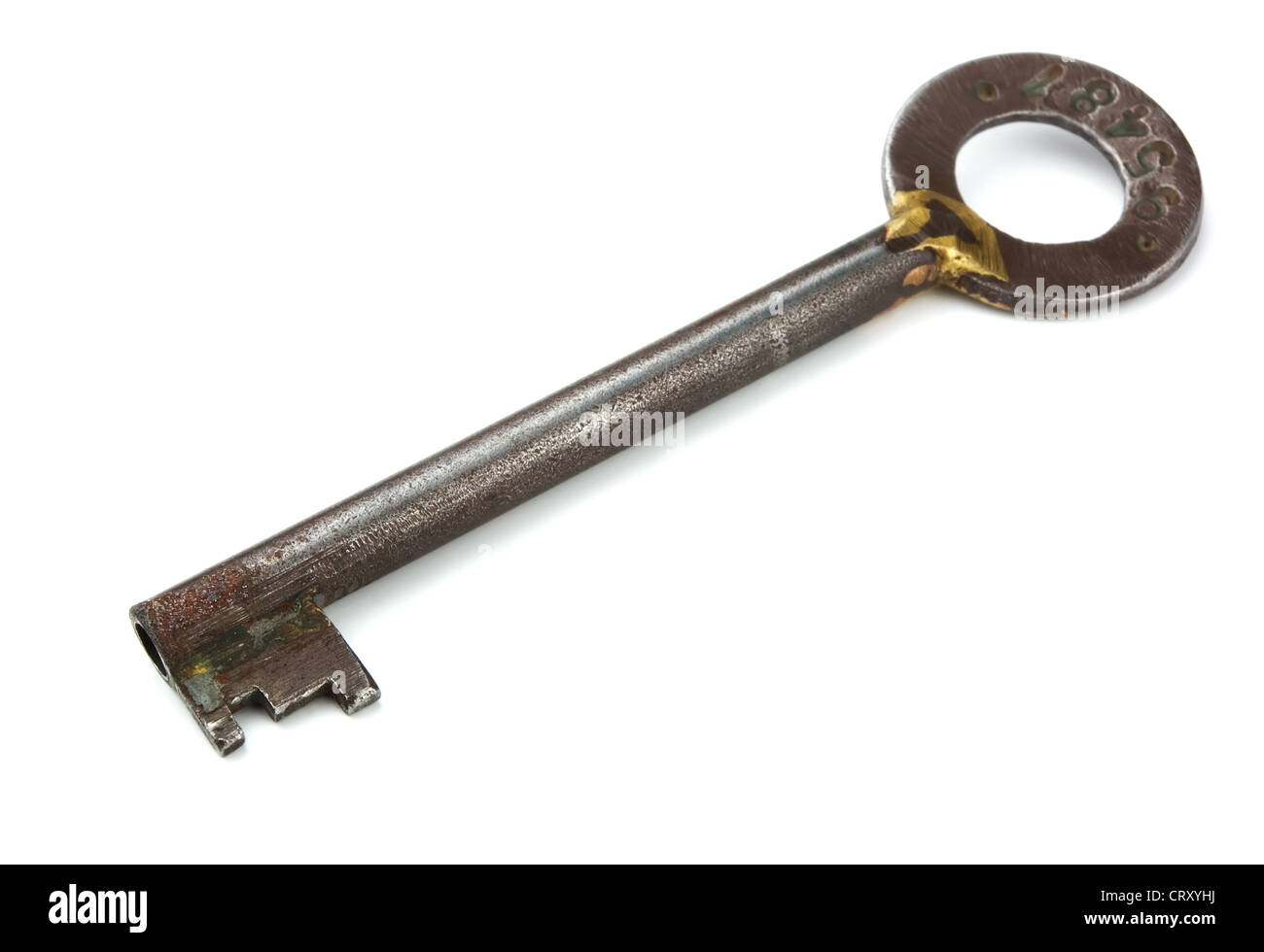 Old rusty safe key isolated on white Stock Photo