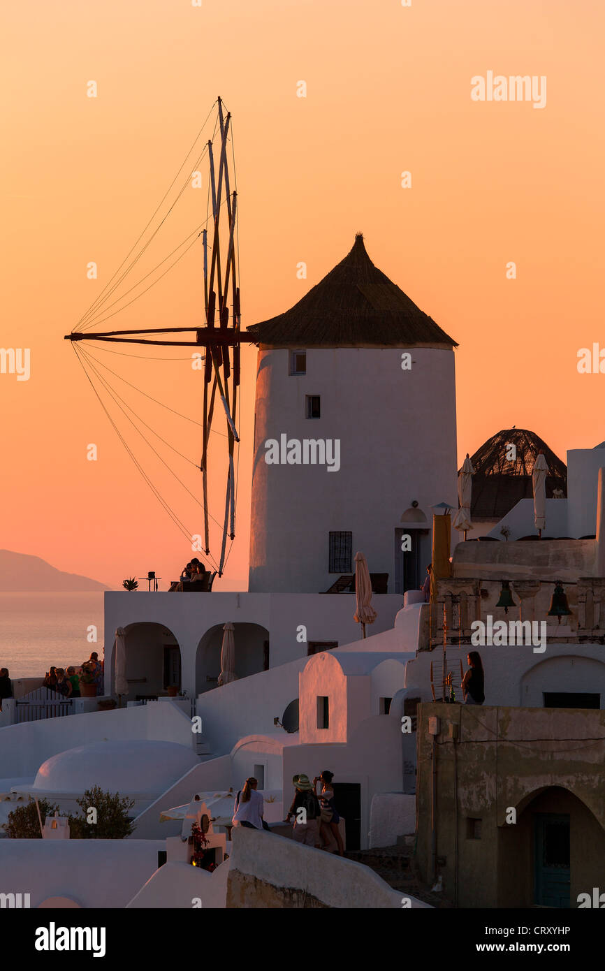 Santorini, Windmill in Oia at Sunset Stock Photo