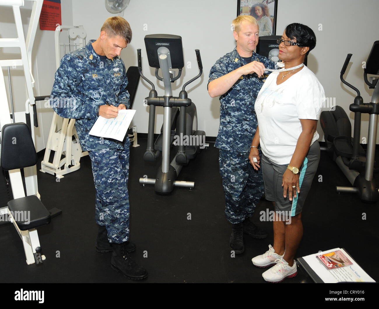 Patricia Richmond, a financial management analyst for Navy Personnel Command, is measured as part of an initial fitness assessment for the Federal Executive Association Fitness Challenge. The goals of the competition are to have fun, be safe, learn about healthy eating, start exercising and lose weight. Stock Photo