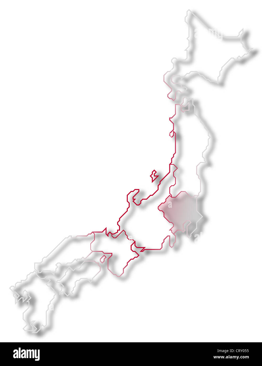 Political map of Japan with the several regions where Kanto is highlighted. Stock Photo